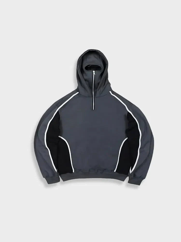 HOODED NINJA HOODIE GRAY AND BLACK WITH WHITE TRIM DOUBLE HOODED