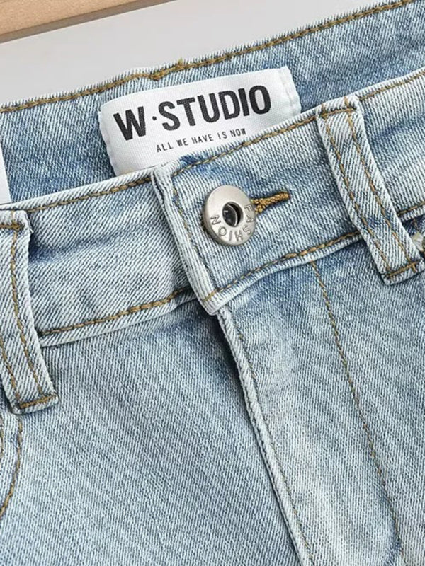 Hot girl’s high-waist elastic hip-covering slim-fit anti-exposure raw edge A-line denim skirt