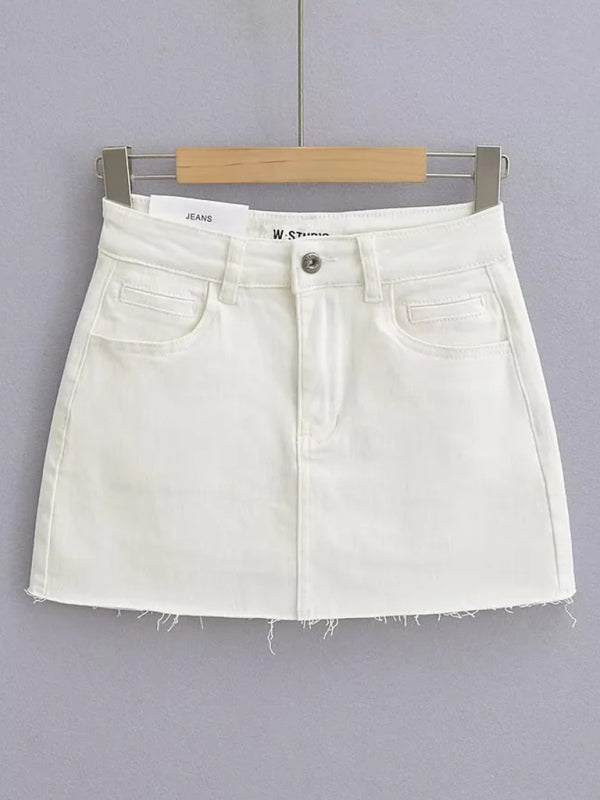 Hot girl’s high-waist elastic hip-covering slim-fit anti-exposure raw edge A-line denim skirt - White / XS