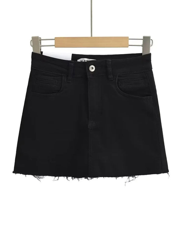 Hot girl’s high-waist elastic hip-covering slim-fit anti-exposure raw edge A-line denim skirt - Black / XS