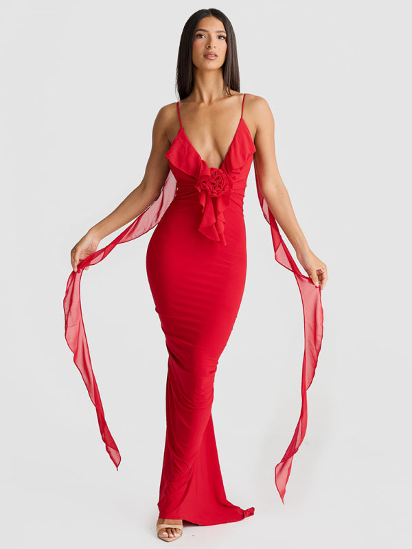 Hot girl’s new sexy dress V-neck backless slim shoulder fishtail evening dress - Red / S