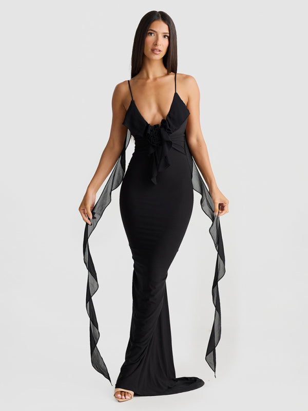 Hot girl’s new sexy dress V-neck backless slim shoulder fishtail evening dress - Black / S