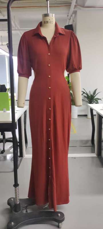 Lapel Button Shirt Five Point Puff Sleeve Dress – front view