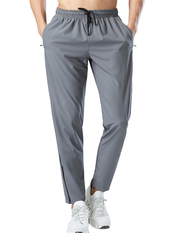 Ice silk quick-drying breathable fitness drawstring casual side zipper trousers - Charcoal grey / S