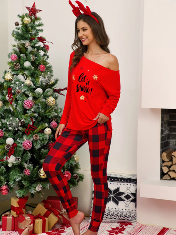 Ensemble pyjama à carreaux de Noël à épaules dénudées 