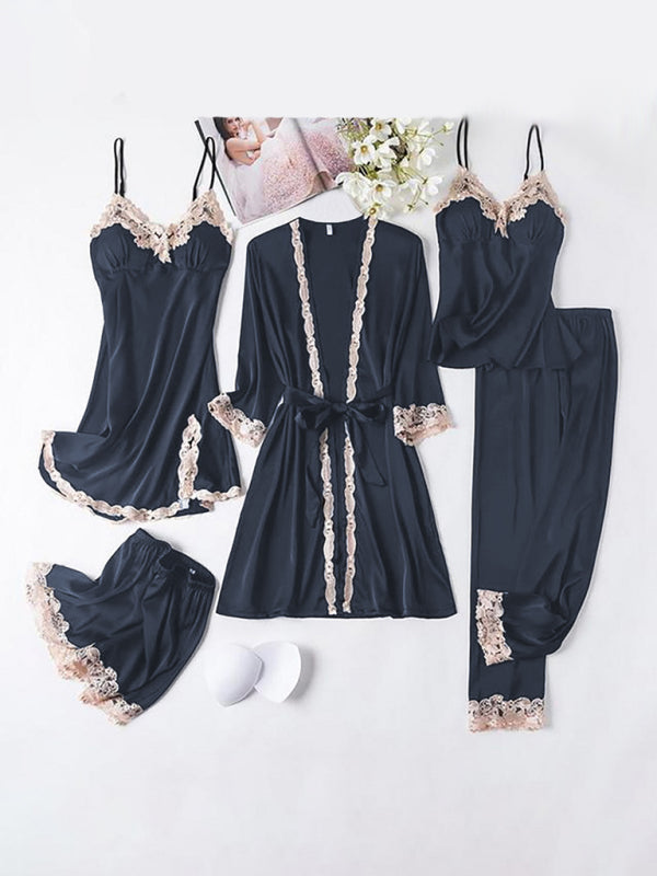 Sexy Damen-Pyjama-Set aus kontrastierender Spitze, fünfteilig 