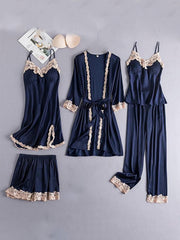 Sexy Damen-Pyjama-Set aus kontrastierender Spitze, fünfteilig 
