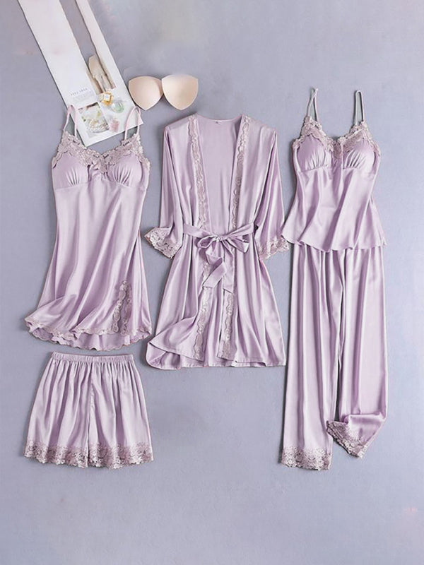 Sexy Damen-Pyjama-Set aus kontrastierender Spitze, fünfteilig 