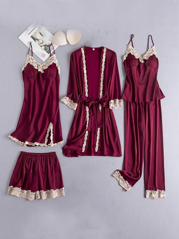 Sexy Damen-Pyjama-Set aus kontrastierender Spitze, fünfteilig 