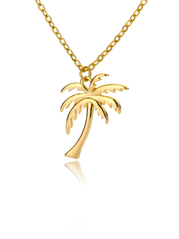 Gold palm tree pendant necklace – front view