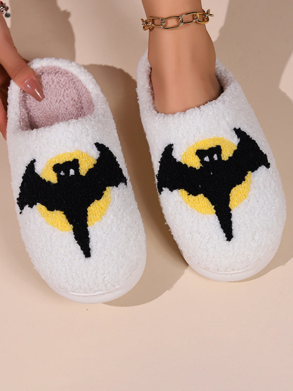 chaussons chauds en peluche à motif chauve-souris et citrouille pour Halloween 