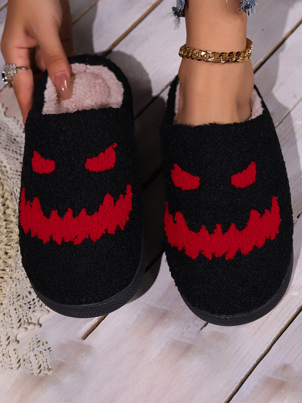 chaussons chauds en peluche à motif chauve-souris et citrouille pour Halloween 