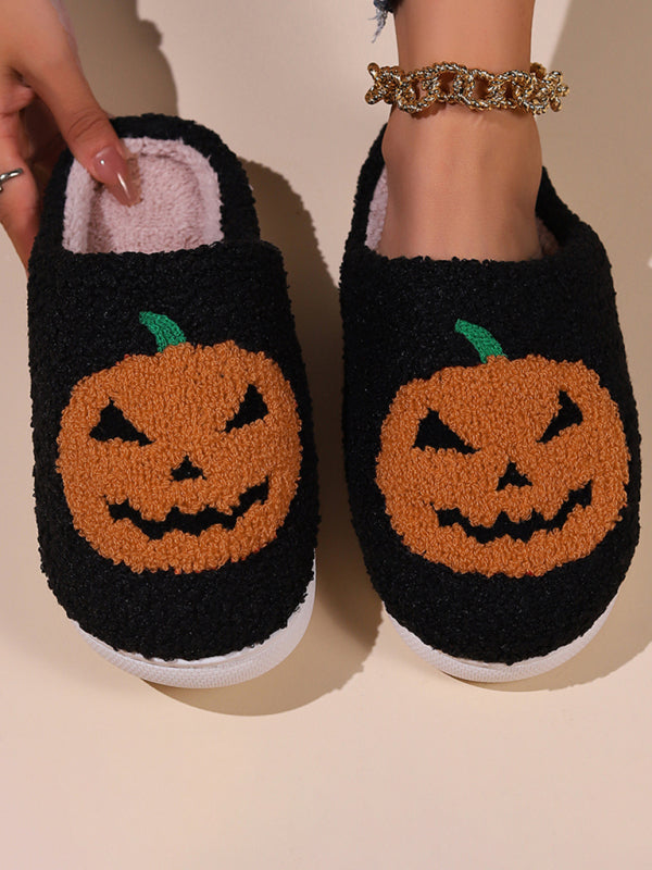 chaussons chauds en peluche à motif chauve-souris et citrouille pour Halloween 