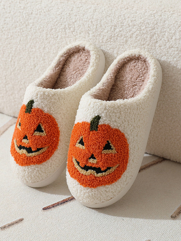 chaussons chauds en peluche à motif chauve-souris et citrouille pour Halloween 
