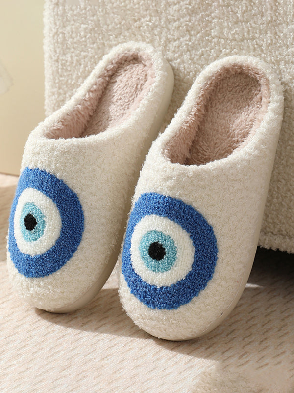Pantoufles d'intérieur en coton à motif yeux bleus, douces et chaudes. 