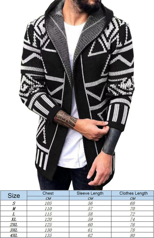 Autumn and winter model wearing a long jacquard knitwear cardigan sweater with self design, lapel collar, and dropped shoulder sleeves.