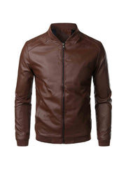 Men's Casual PU Leather Bomber Jacket – brown front view