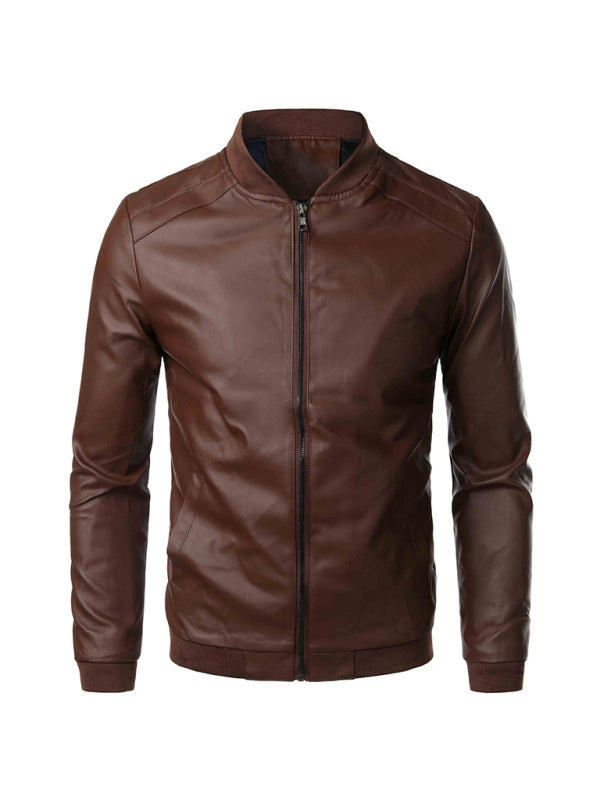 Men's Casual PU Leather Bomber Jacket – brown front view