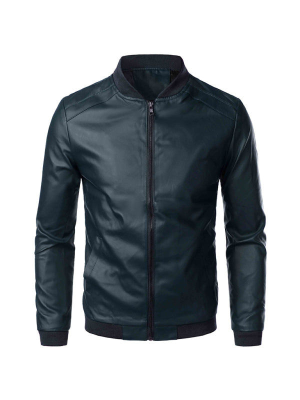 Men's Casual PU Leather Bomber Jacket – navy front view