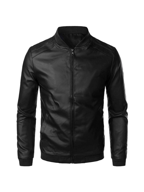 Men's Casual PU Leather Bomber Jacket – black front view