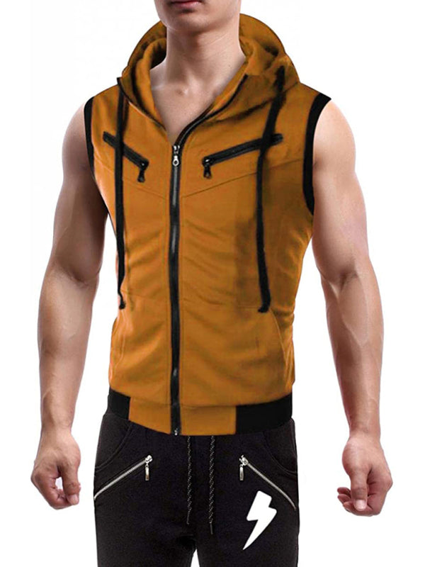 Men's Hooded Sleeveless Vest Solid Color Casual Slim Vest – detail view