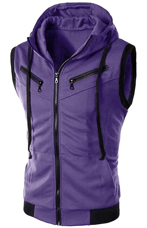 Men's Hooded Sleeveless Vest – front view in purple