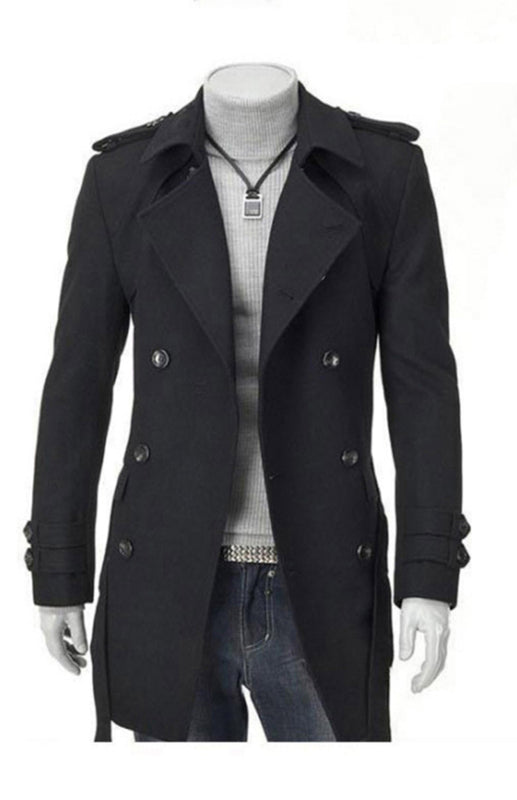 Trench-coat mi-long pour homme, coupe ajustée, grande taille, en laine épaisse 
