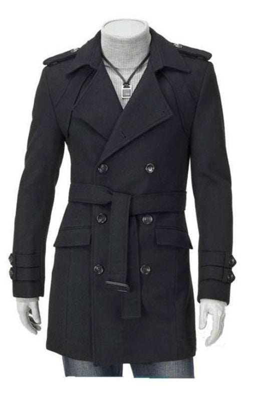 Trench-coat mi-long pour homme, coupe ajustée, grande taille, en laine épaisse 