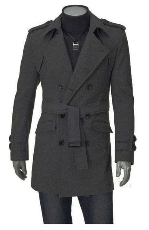 Trench-coat mi-long pour homme, coupe ajustée, grande taille, en laine épaisse 