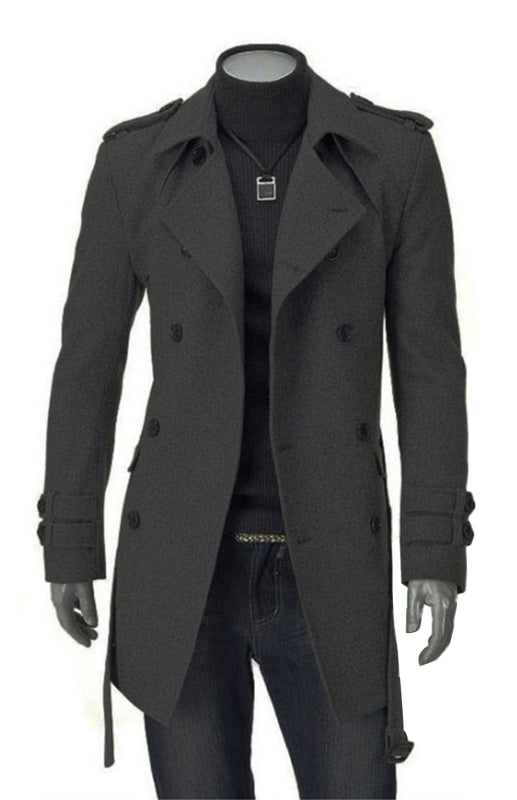 Trench-coat mi-long pour homme, coupe ajustée, grande taille, en laine épaisse 