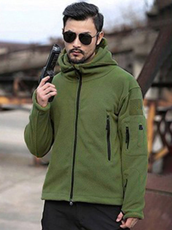 Men's Outdoor Warm Liner Fleece Jacket Cold-Proof Jacket Wind Hood Solid Color Hooded Jacket