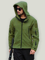 Men's Olive Green Fleece Jacket – front view with hood