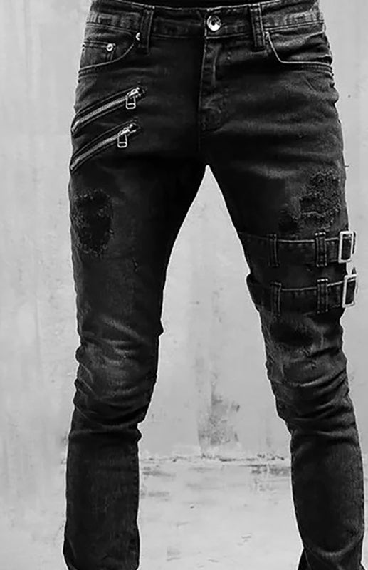 Men's Fashion Mid Waist Ripped Slim Jeans