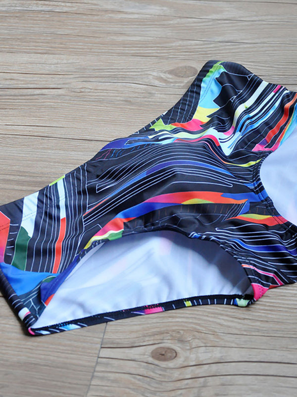 Men's Colorful Lines Geometric Irregular Print Boxer Swim Shorts – detail view