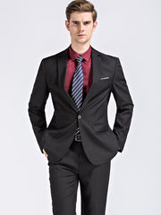 Men's Black Business Suit – front view with maroon shirt