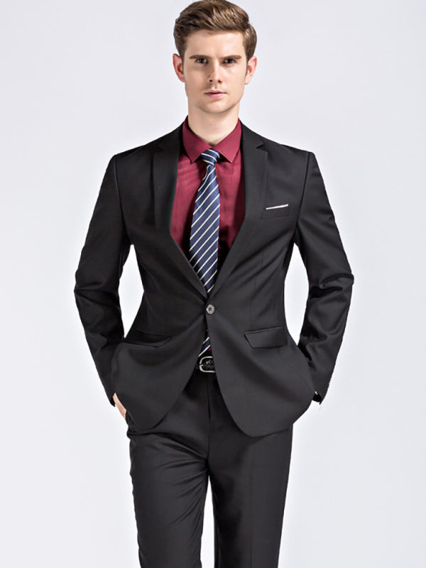 Men's Black Business Suit – front view with maroon shirt