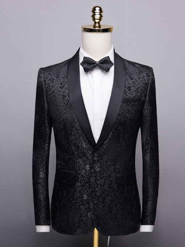 Women's Black Jacquard Blazer with Lapel Collar – back view