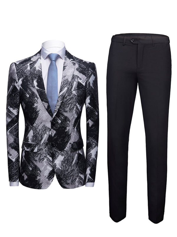 Abstract Print Lapel Collar Blazer Suit Set