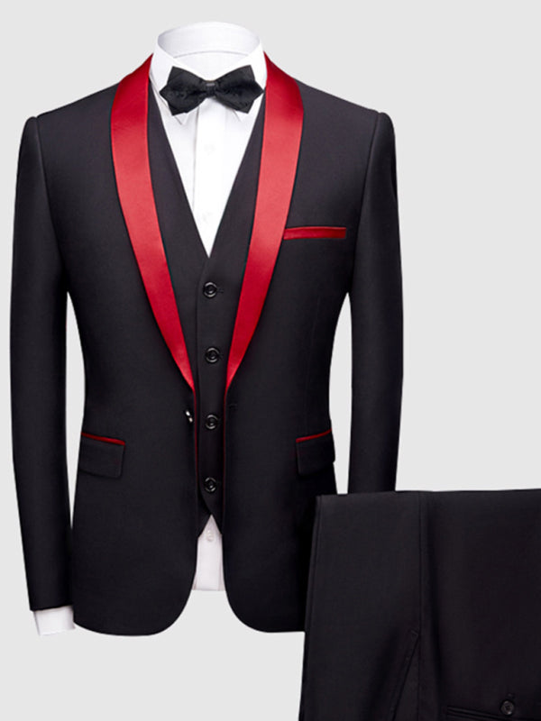 Men's Black Tuxedo Suit with Red Satin Lapels – Front View