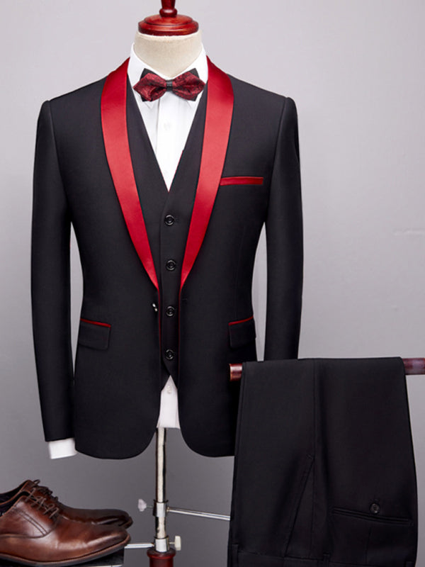 Men's Black Tuxedo Suit with Red Satin Lapels – Detail View with Matching Pants