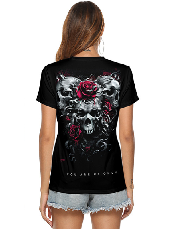 T-shirt femme à col en V avec empreinte de main de squelette 