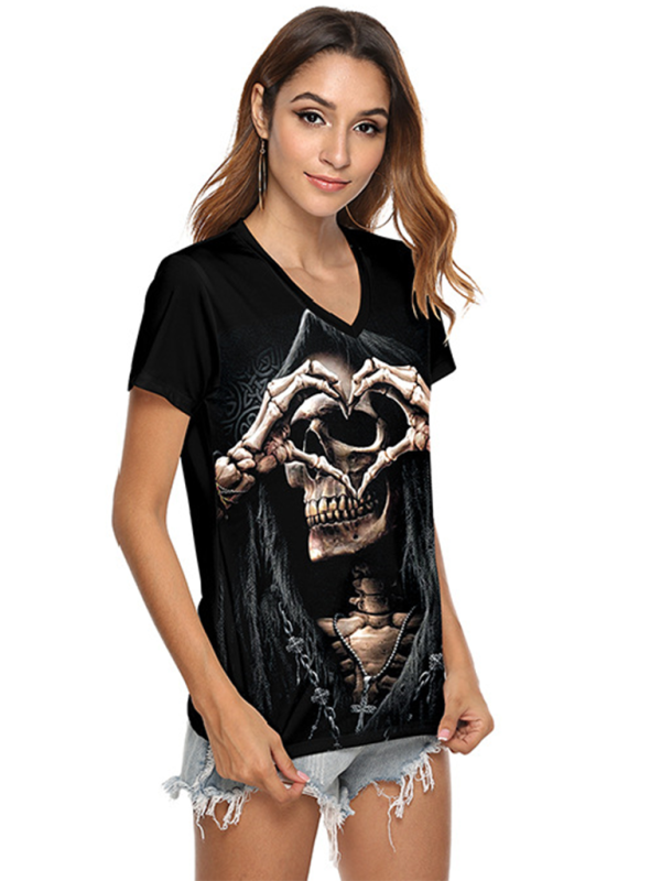 T-shirt femme à col en V avec empreinte de main de squelette 