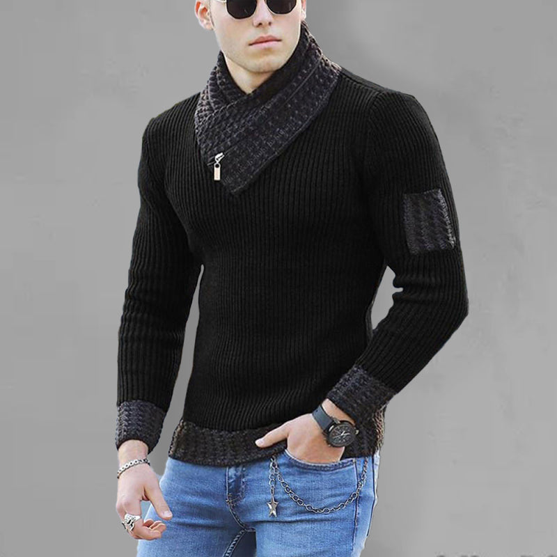 British Plus Size Men's Sweater Pullover Long Sleeve Scarf Turtleneck Men's Knitwear in black, worn by a model with blue jeans, sunglasses, and wrist accessories.