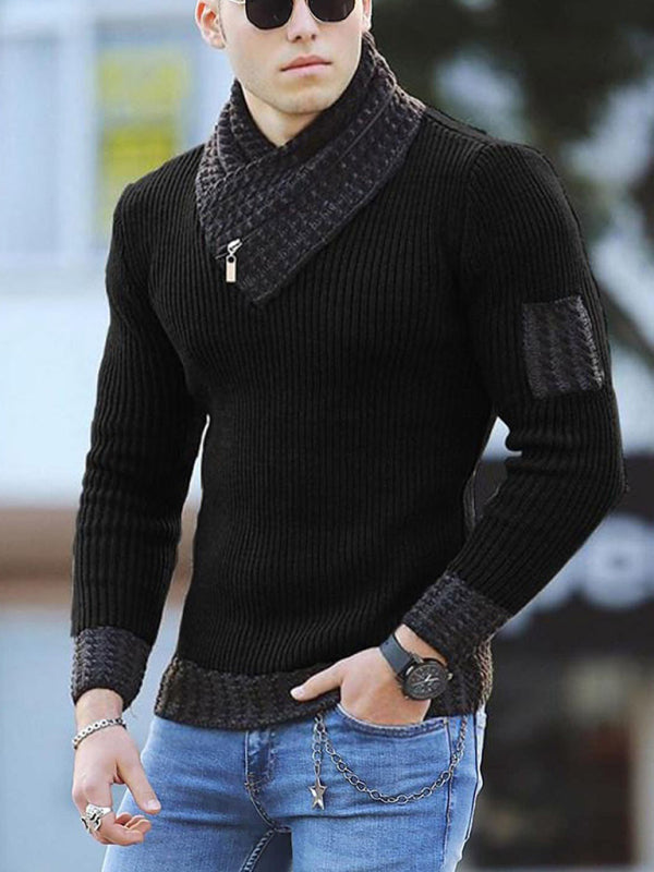 A man wearing a British Plus Size Men's Sweater Pullover featuring a stylish turtleneck with a scarf collar, black ribbed knit design, long sleeves, and fitted cuffs, paired with blue jeans.