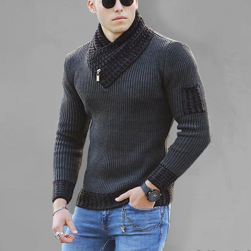 British plus size men's sweater pullover with long sleeves and a turtleneck scarf collar, modeled by a man wearing blue jeans and sunglasses.