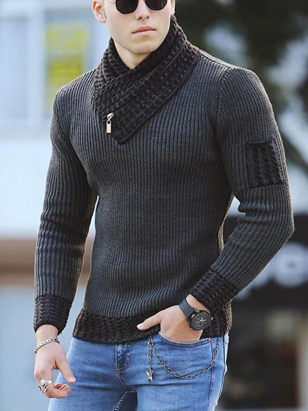 British Plus Size Men's Sweater Pullover Long Sleeve Scarf Turtleneck Knitwear in dark gray, worn by a model with sunglasses and blue jeans.