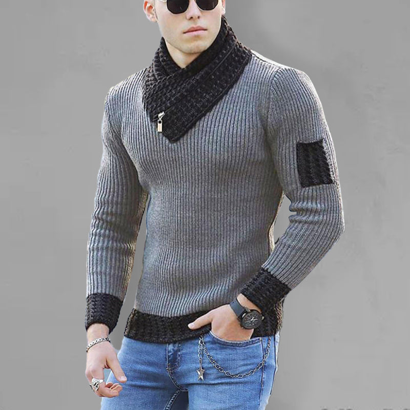 British Plus Size Men's Sweater Pullover Long Sleeve Scarf Turtleneck Men's Knitwear in grey with black accents, worn by a male model, paired with blue jeans.