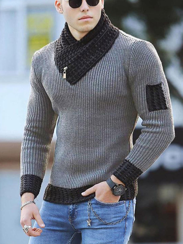 British Plus Size Men's Sweater Pullover Long Sleeve Scarf Turtleneck Men's Knitwear in grey, shown on a model wearing blue jeans and sunglasses.