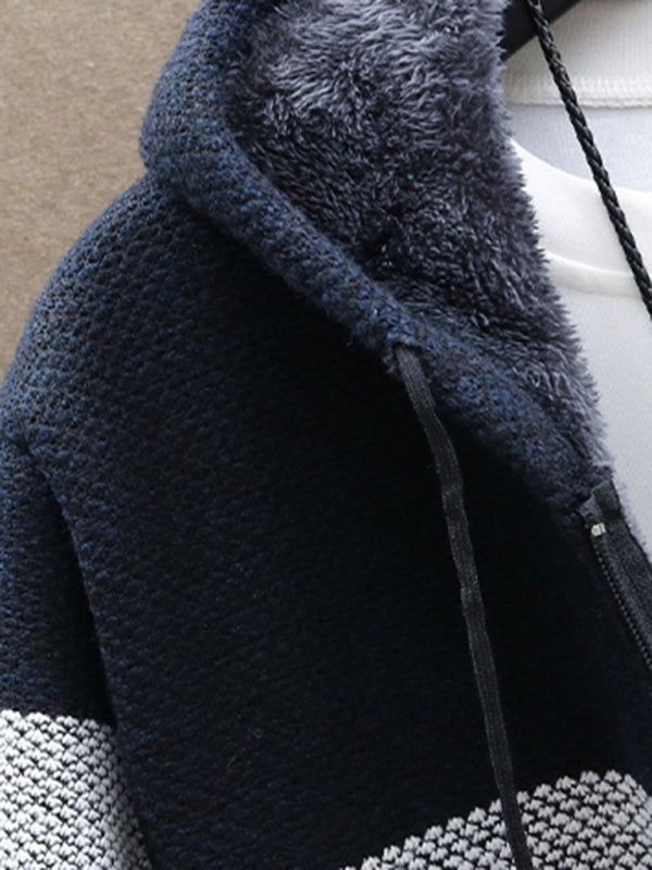 Fleece-Strickjacke, kontrastfarbene Jacke, schmal geschnittene, trendige Kapuzenjacke für Jugendliche 