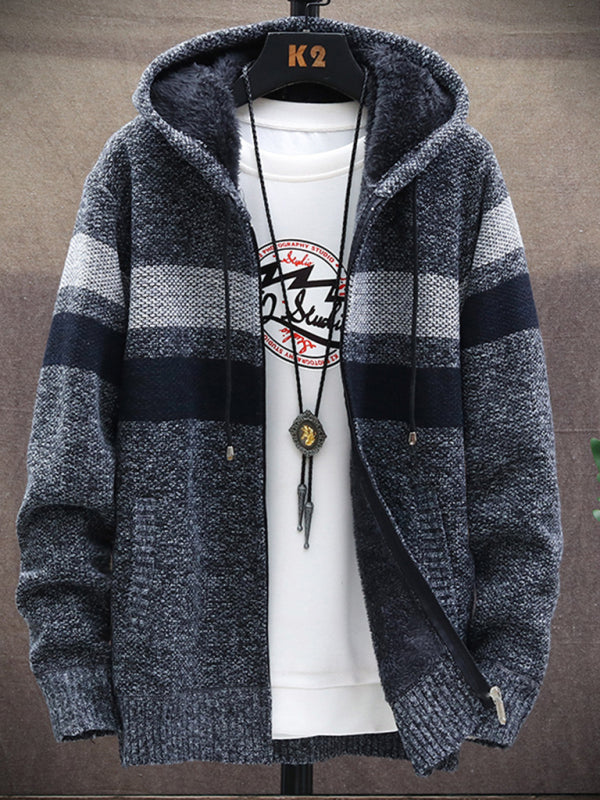 Fleece sweater cardigan Contrast color jacket youth slim fit trendy hooded jacket – detail view